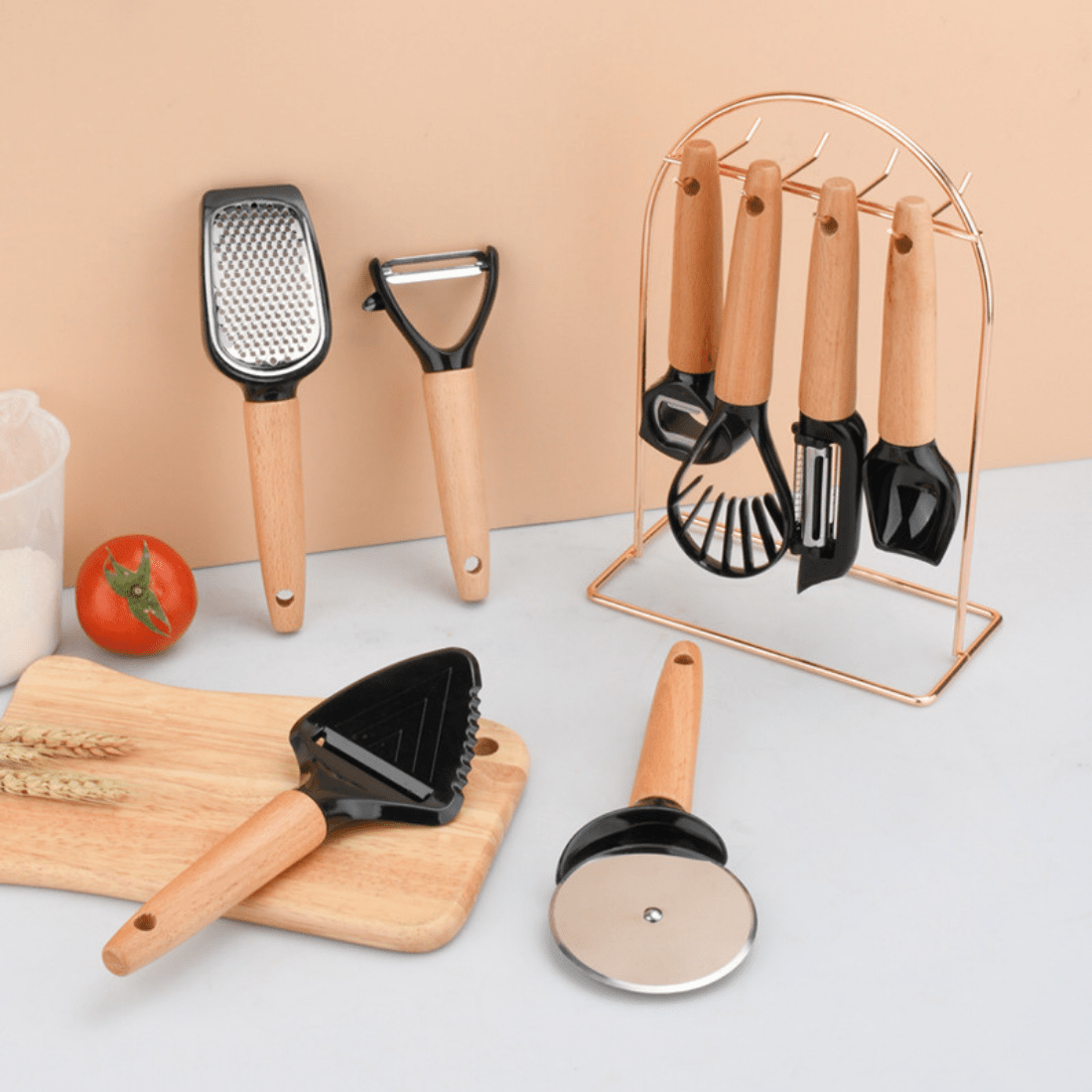 8-Piece Stainless Steel Kitchen Gadget Set with Stand
